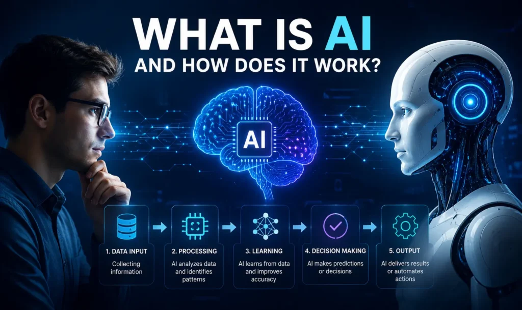 What is AI and how does it work futuristic artificial intelligence infographic with human and robot interaction